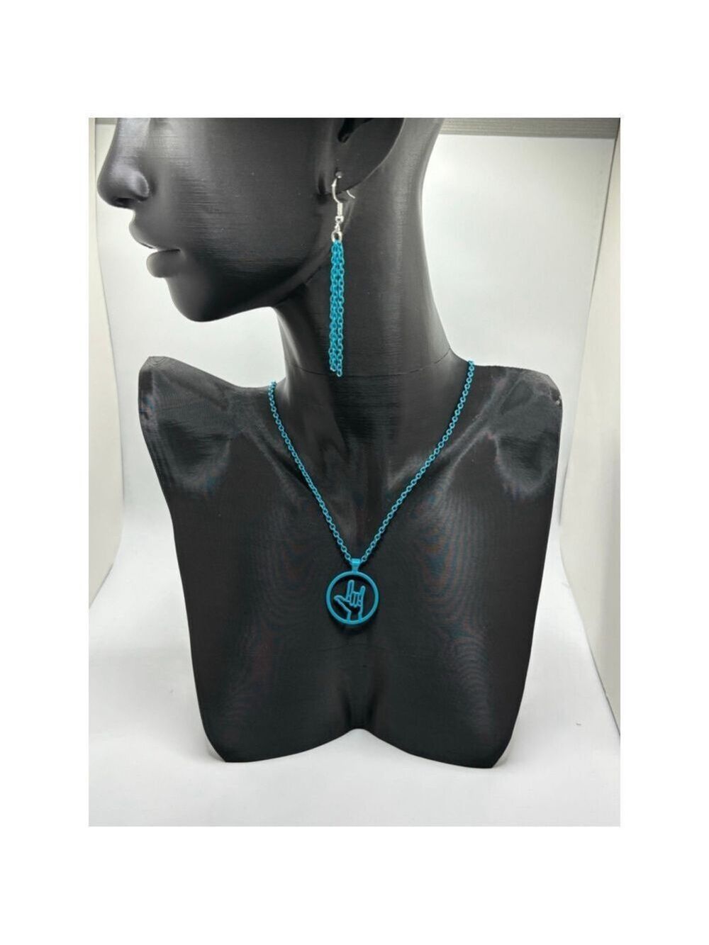 I Love You Hand Sign Necklace Earring Set Teal NWOT - Picture 5 of 5